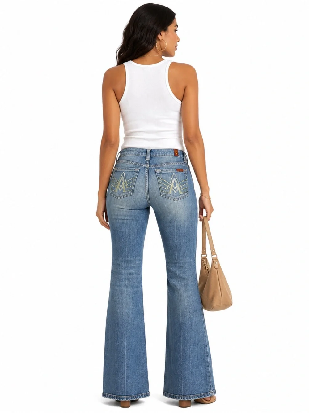 7 For All Mankind Dojo Flare Embellished Back Pockets Denim Jeans Size 28 - Picture 2 of 7
